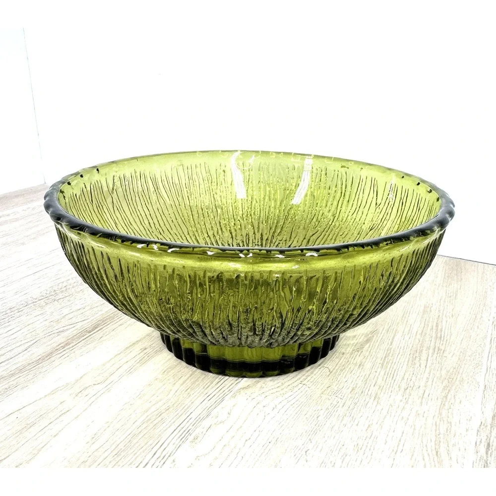 FTD Avocado‎ Green Textured Glass Serving Bowl Ribbed Retro Floral Vase Bowl